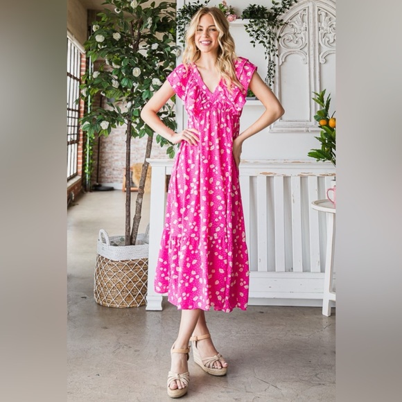 Reborn J Printed V-Neck Ruffle Trim Tiered Midi Dress - Picture 5 of 5